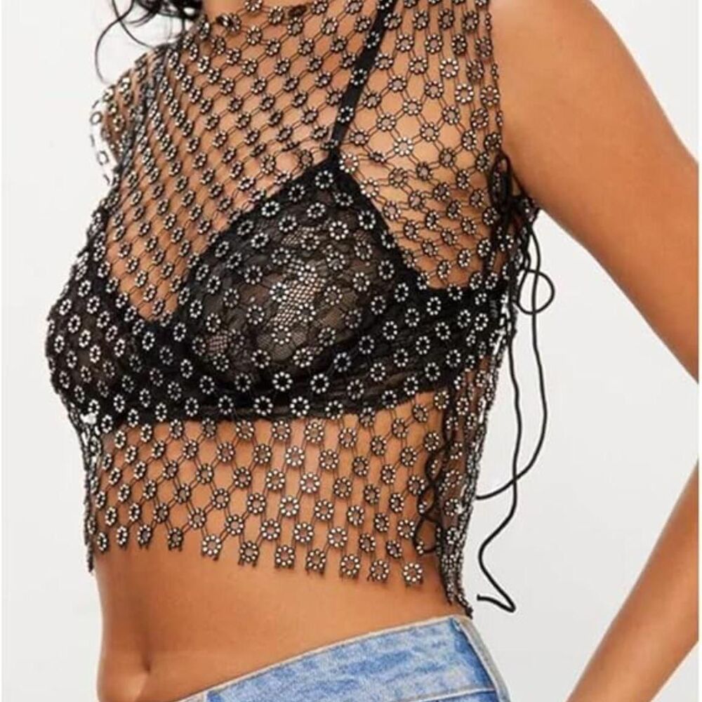 Black Silver Early 2000's See Through Rhinestone Fishnet Top OS / S / XS - Picture 2 of 8